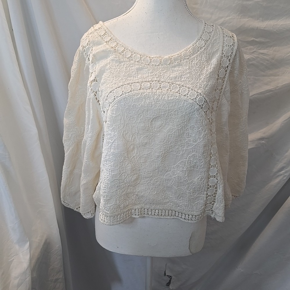 Angie Women's Blouse Top Cropped‎ Boho Peasant Lace Floral Crochet One Size